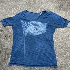 Diesel Only The Brave Flag Graphic T-Shirt Blue Slub Knit V-Neck Raw Edge Tee L